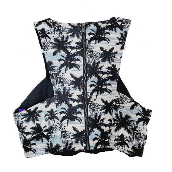 Topshop Sz 8 Jacquard Crop Tank Top Palm Tree Print Black White Blue Zipper Back - Picture 3 of 6